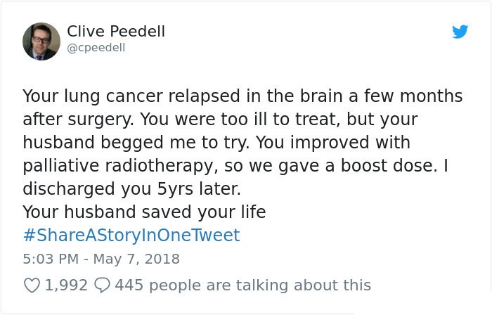 document - Clive Peedell Your lung cancer relapsed in the brain a few months after surgery. You were too ill to treat, but your husband begged me to try. You improved with palliative radiotherapy, so we gave a boost dose. I discharged you 5yrs later. Your