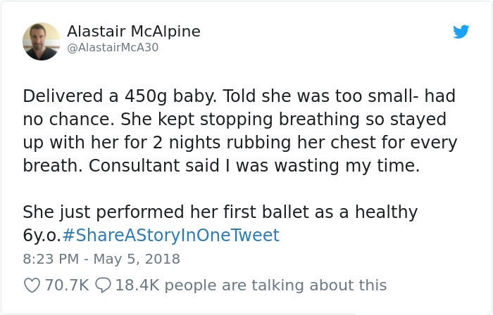 document - Alastair McAlpine McA30 Delivered a 450g baby. Told she was too small had no chance. She kept stopping breathing so stayed up with her for 2 nights rubbing her chest for every breath. Consultant said I was wasting my time. She just performed he