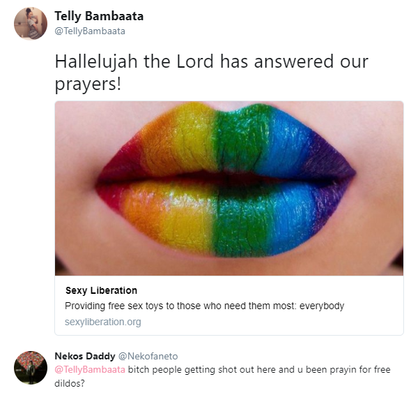 Tweet of woman thanking god for making free sex toys and someone calling her out for praying for free dildos while people are getting shot