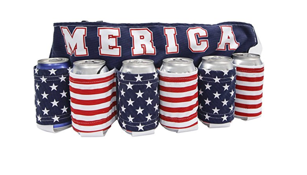 Nothing says "America, F**k Yeah!" Like an ammo belt styled beer can holster.  Get it <a href="https://amzn.to/2x8azuT" target="_blank"><font color="red"><b>HERE</font></b></a>