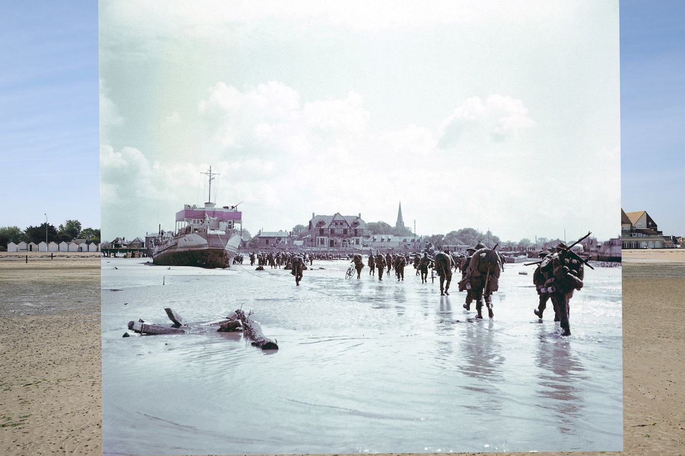 The seafront and Juno Beach on May 5, 2014, in Bernieres-sur-Mer, France, juxtaposed with troops of the 3rd Canadian Infantry Division landing at the beach on D-Day.