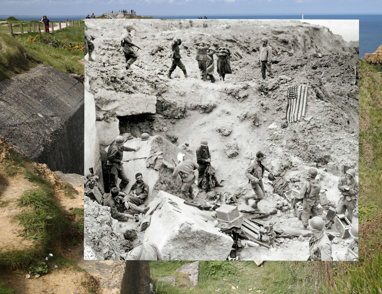 The cliffs on May 6, 2014, in Pointe du Hoc, France, where German prisoners were gathered as an American flag was deployed for signaling on Omaha Beach.