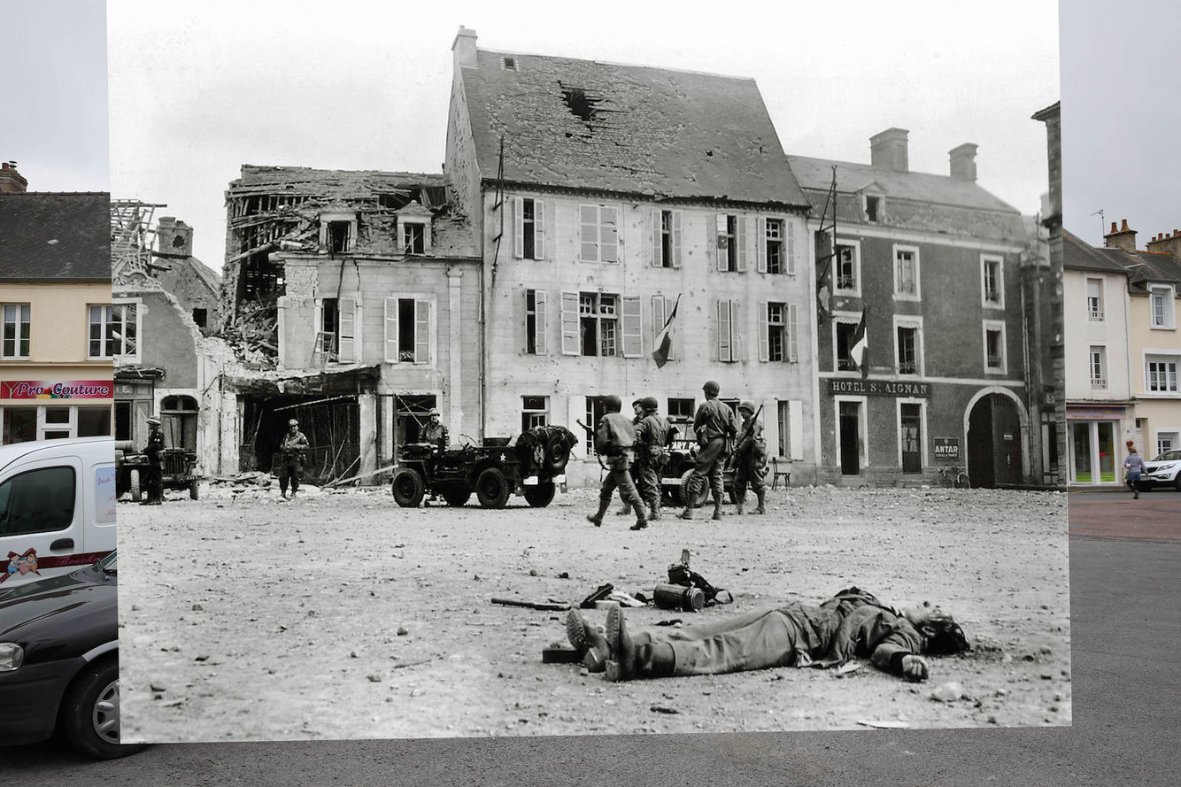 A view of the market square on May 6, 2014, in Trevieres, France, juxtaposed with the image of the body of a German soldier belonging to the 2. Infanterie Regiment on the Market Square on June 15, 1944.