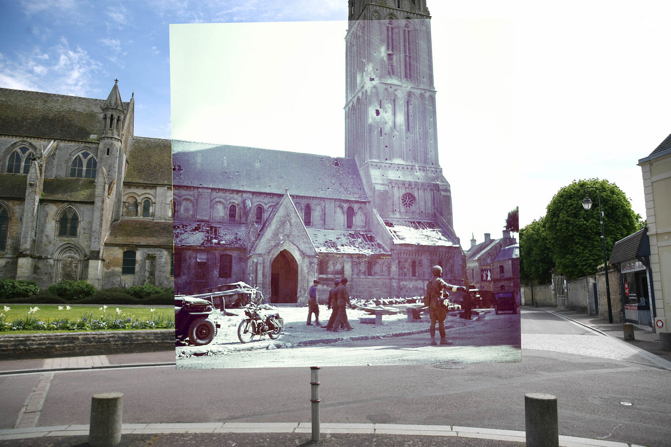 The street area and Notre-Dame Nativity church on May 5, 2014, in Bernieres-sur-Mer, France, where a Canadian soldier was directing traffic on D-Day.