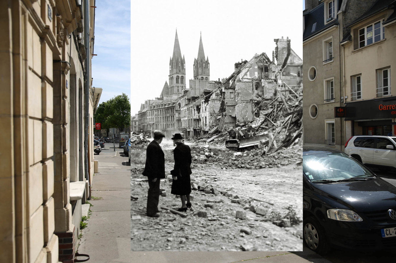 The rue de Bayeux on May 5, 2014, in Caen, France. An older couple watched a Canadian soldier with a bulldozer working in the ruins of a house in the rue de Bayeux on July 10, 1944.