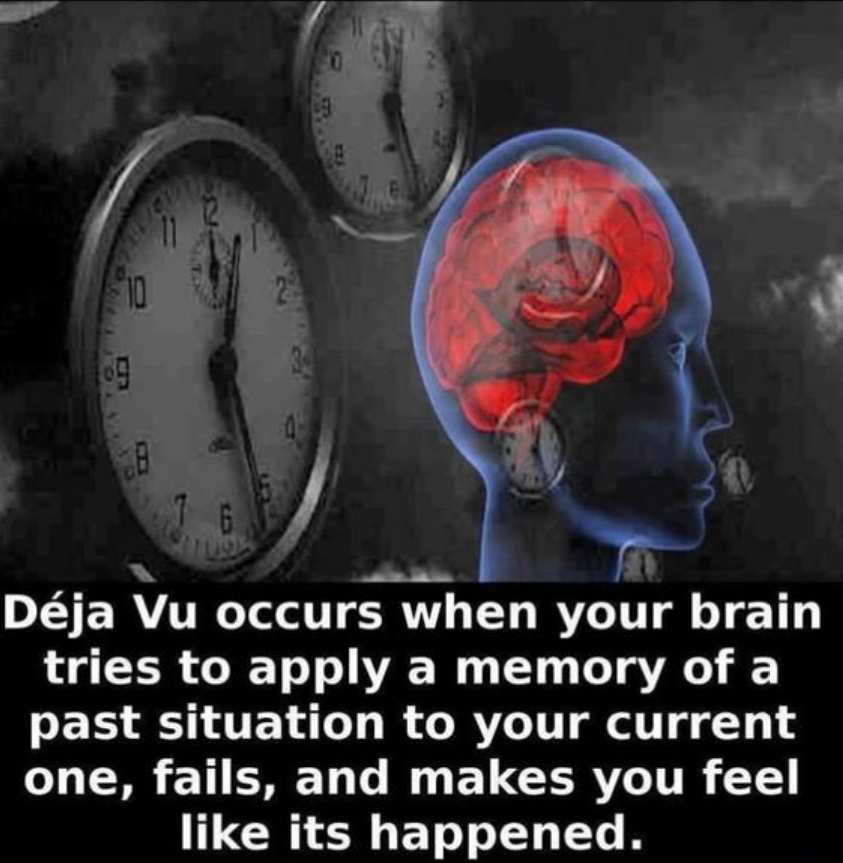 brain - 16 Dja Vu occurs when your brain tries to apply a memory of a past situation to your current one, fails, and makes you feel its happened.
