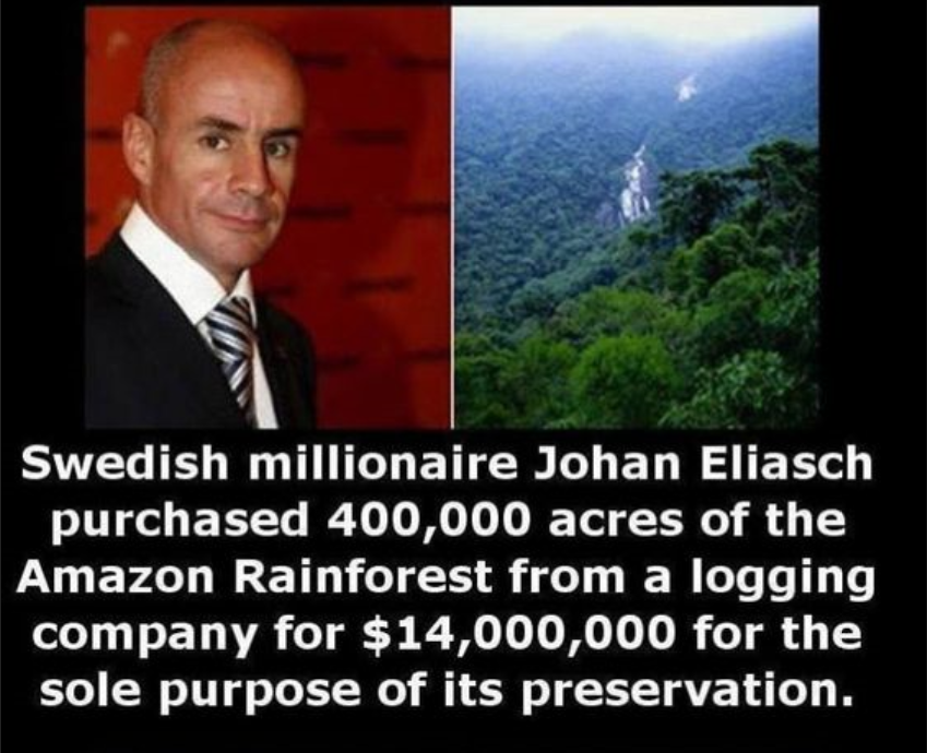 photo caption - Swedish millionaire Johan Eliasch purchased 400,000 acres of the Amazon Rainforest from a logging company for $14,000,000 for the sole purpose of its preservation.