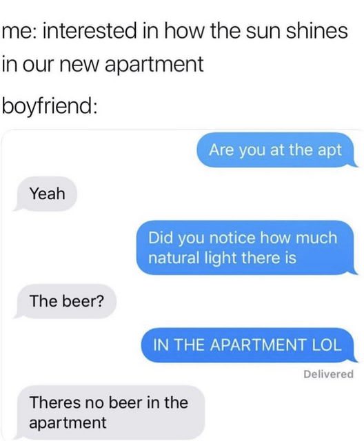 natural light text meme - me interested in how the sun shines in our new apartment boyfriend Are you at the apt Yeah Did you notice how much natural light there is The beer? In The Apartment Lol Delivered Theres no beer in the apartment