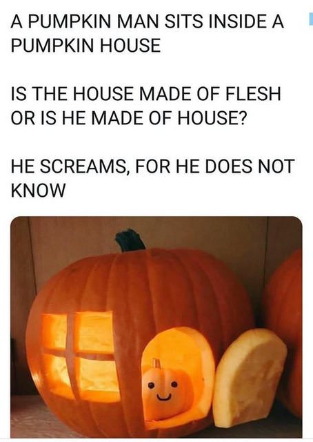 pumpkin man sits in a pumpkin house - A Pumpkin Man Sits Inside A Pumpkin House Is The House Made Of Flesh Or Is He Made Of House? He Screams, For He Does Not Know