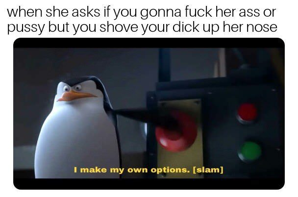 make my own options meme - when she asks if you gonna fuck her ass or pussy but you shove your dick up her nose I make my own options. slam