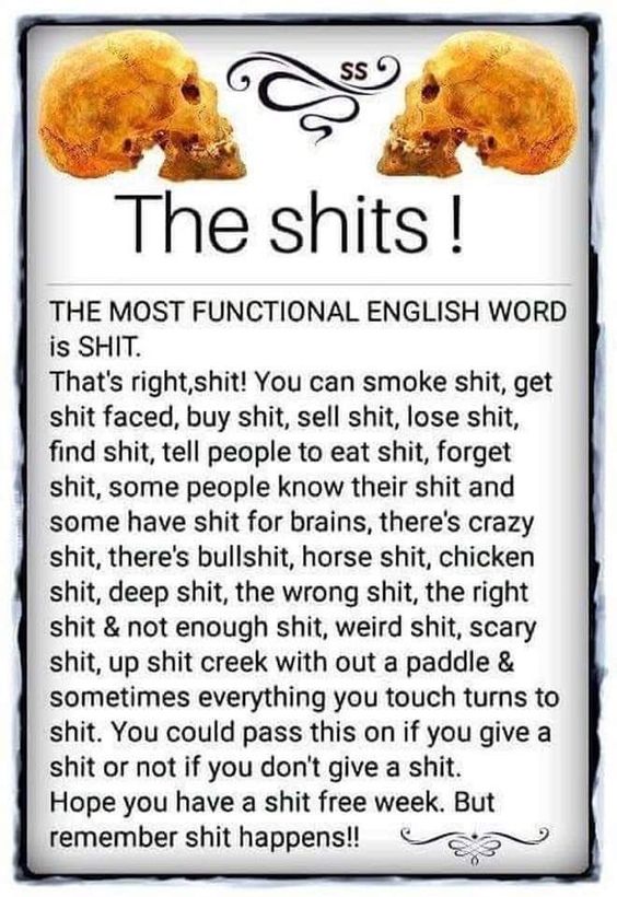 shit the most functional word - The shits! The Most Functional English Word is Shit. That's right,shit! You can smoke shit, get shit faced, buy shit, sell shit, lose shit, find shit, tell people to eat shit, forget shit, some people know their shit and so