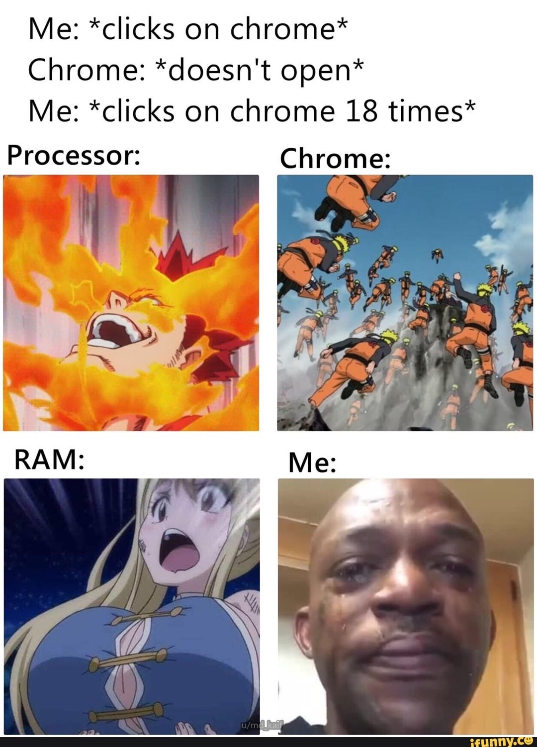 me clicks chrome chrome doesnt open meme - Me clicks on chrome Chrome doesn't open Me clicks on chrome 18 times Processor Chrome Ram Me umakaif ifunny.co