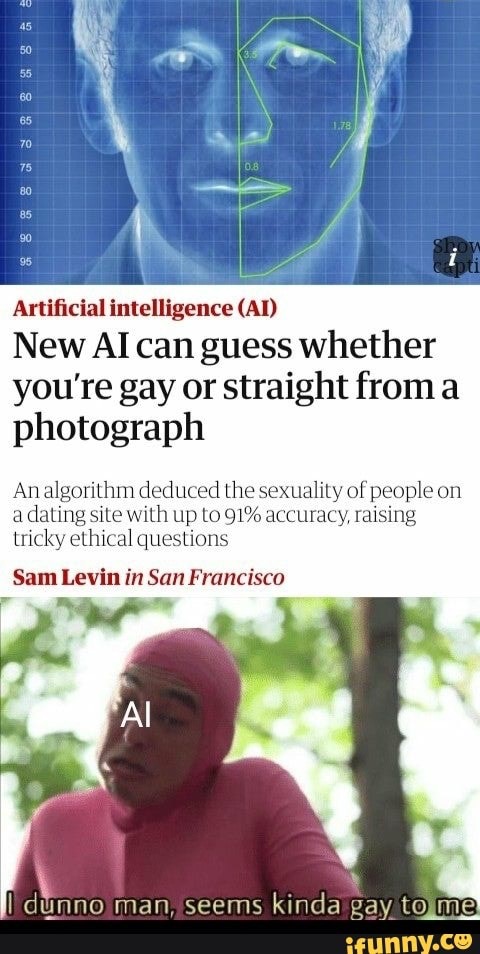 idk man seems kinda gay to me - 1.78 Artificial intelligence Ai New Ai can guess whether you're gay or straight from a photograph An algorithm deduced the sexuality of people on a dating site with up to 91% accuracy, raising tricky ethical questions Sam L