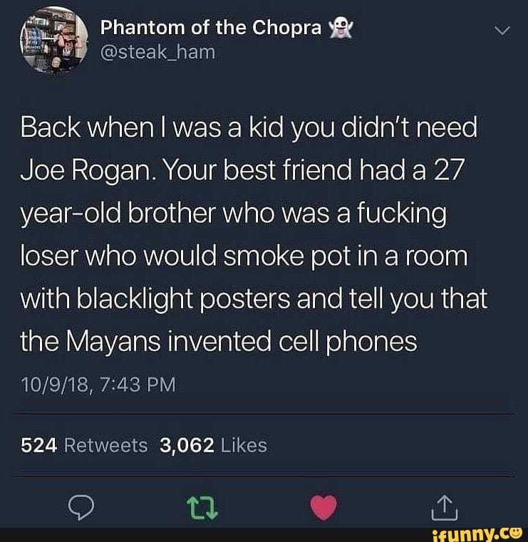 strict parents reddit - Ali E L Phantom of the Chopravo Back when I was a kid you didn't need Joe Rogan. Your best friend had a 27 yearold brother who was a fucking loser who would smoke pot in a room with blacklight posters and tell you that the Mayans i