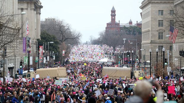 Three times more protestors than what was at inauguration (Laughter, Loud Applause) protesting Putin's Pussy Drumpf. 1000's of Sister marches, many wearing "pussy hats" across US. 1000's rally in cities around the world. Solidarity lives! Impeach the Nazi bastard!