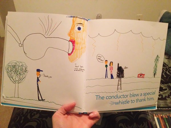 awkward kids drawings - The conductor blew a special > whistle to thank him.