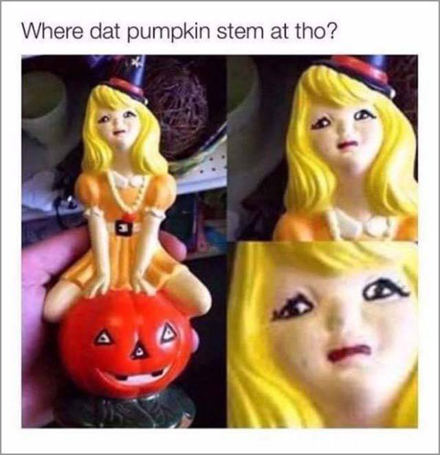 Girl sitting on a pumpkin making a hurtful face with caption asking where dat pumpkin stem tho