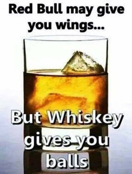 Drinking meme about how Red Bull may give you wings, but Whiskey gives you balls.