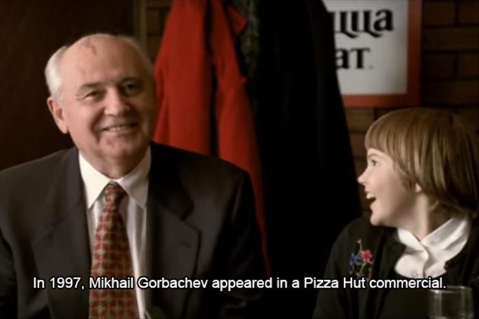 gorbachev pizza hut commercial - . In 1997, Mikhail Gorbachev appeared in a Pizza Hut commercial.