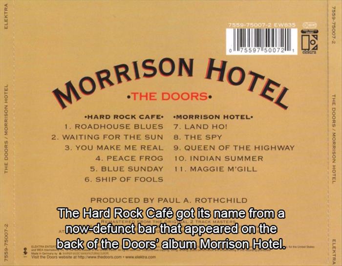 Elektra EW035 7559750072 o1117559715007211, Hotel Morrison H. The Doors The Doors Morrison Hotel Hard Rock Cafe. Morrison Hotel. 1. Roadhouse Blues 7. Land Ho! 2. Waiting For The Sun 8. The Spy 3. You Make Me Real 9. Queen Of The Highway 4. Peace Frog 10.