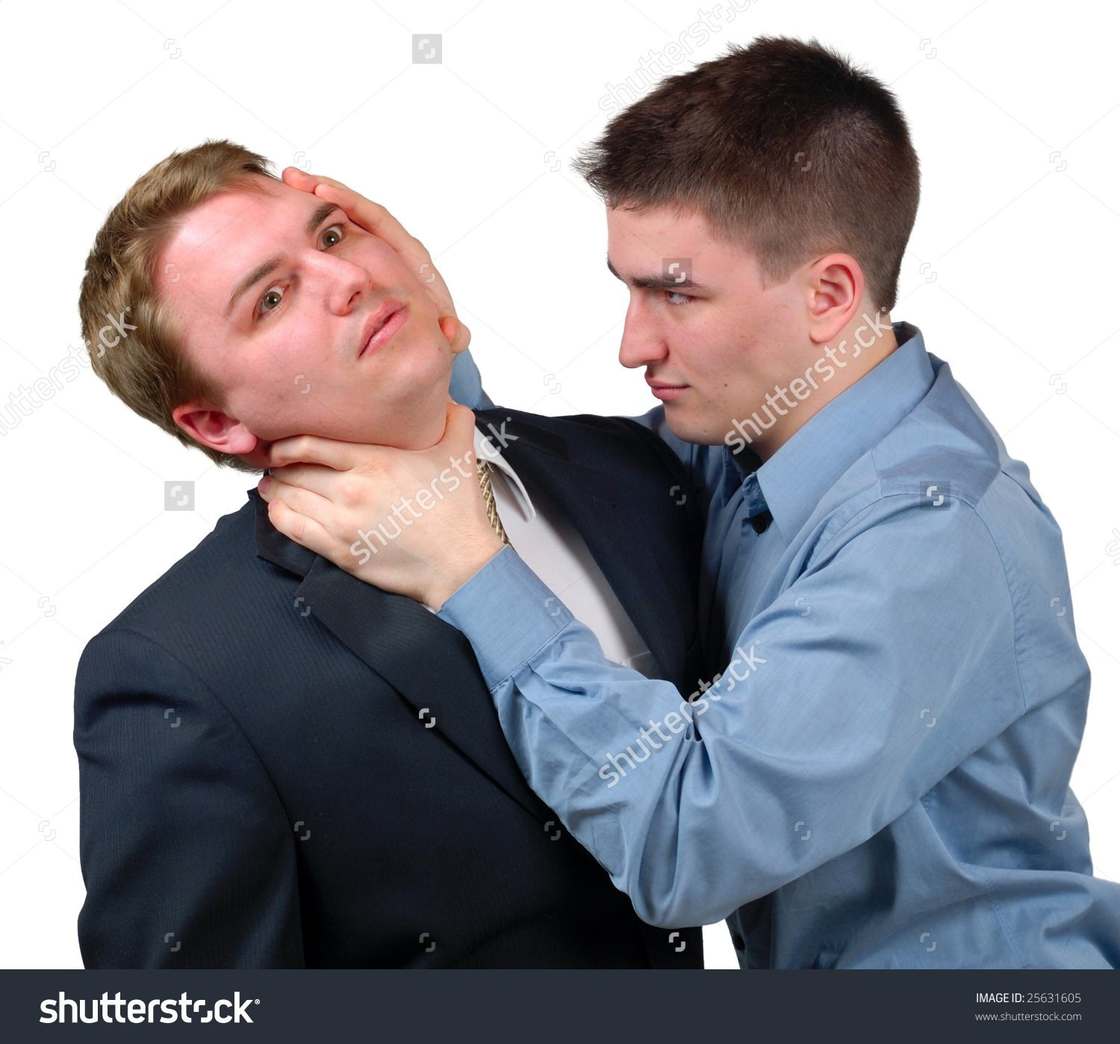 One person choking another in a very passive way