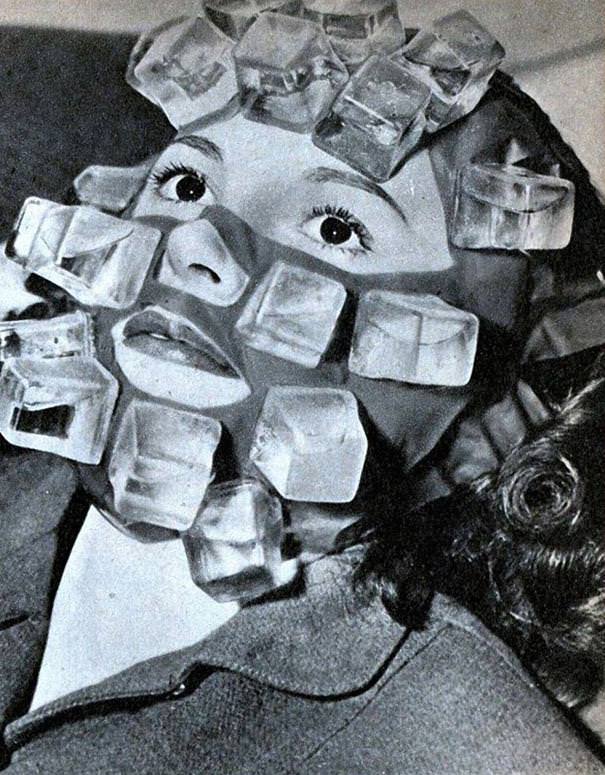 A women wears a special facial mask with cubes filled with cold water to protect her makeup somewhere in the US in the 1930s. As movies and magazines grew in popularity, more and more bizarre inventions and techniques surfaced for women to accentuate their looks or features.