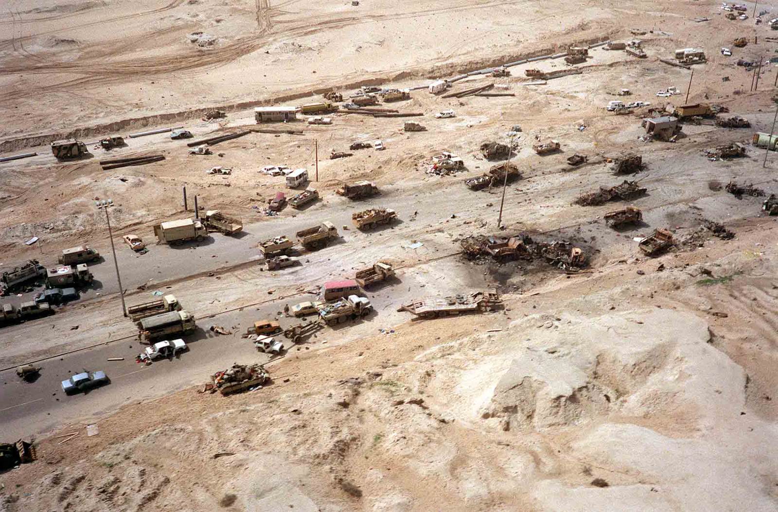 An aerial view of The Highway of Death in Iraq in 1991. The highway was 6 lanes and used by the Iraqi Army to invade Kuwait. It was also being used during their retreat. While retreating, coalition forces, and mainly US planes, attacked the column destroying more than 2000 vehicles and killing up to 600 people. An unknown number of civilians either as hostages or part of the column were also killed. It became controversial when the images of the charred bodies appeared to the public. Hundreds of people burned alive screaming in an unimaginable horror. Survivors tell the story as if it is straight out of a terror film. Many of those pictures can be seen online, but they are truly gruesome. Most Iraqi forces still escaped, and the objective of the bombings wasn't even achieved. Almost immediately following the bombing and possibly because of it, the US ceased operations against Iraq. This decision would keep Saddam Hussein in power for another 12 years.