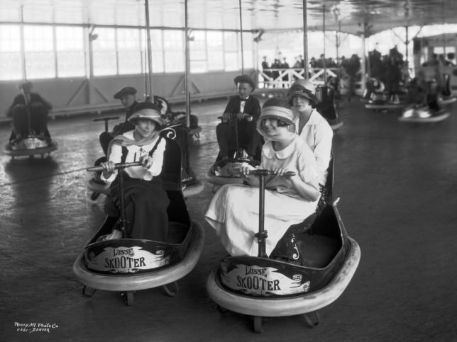 People in some early bumper cars in Chicago, US in the late 1920s. Invented just the decade before, they became huge attractions for the original theme parks and tourist boardwalks across the world by the 1930s.