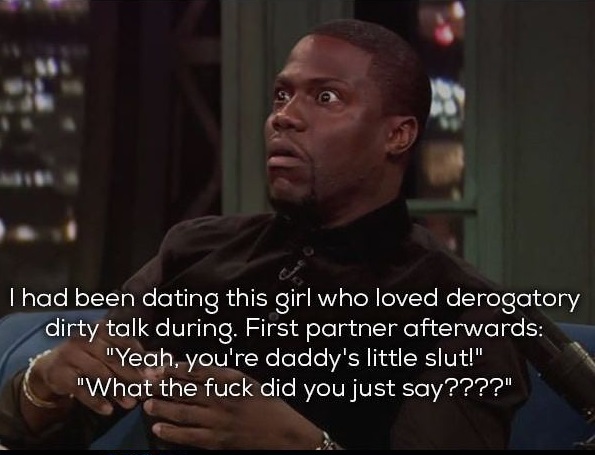 funniest memes - Thad been dating this girl who loved derogatory dirty talk during. First partner afterwards "Yeah, you're daddy's little slut!" "What the fuck did you just say????"