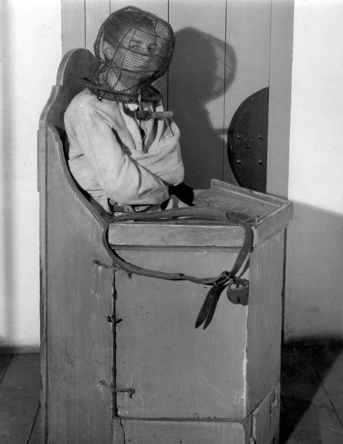 A "Lunatics Chair" given to patients who had poor behavior or wild outbursts in a Dutch mental hospital in 1938.