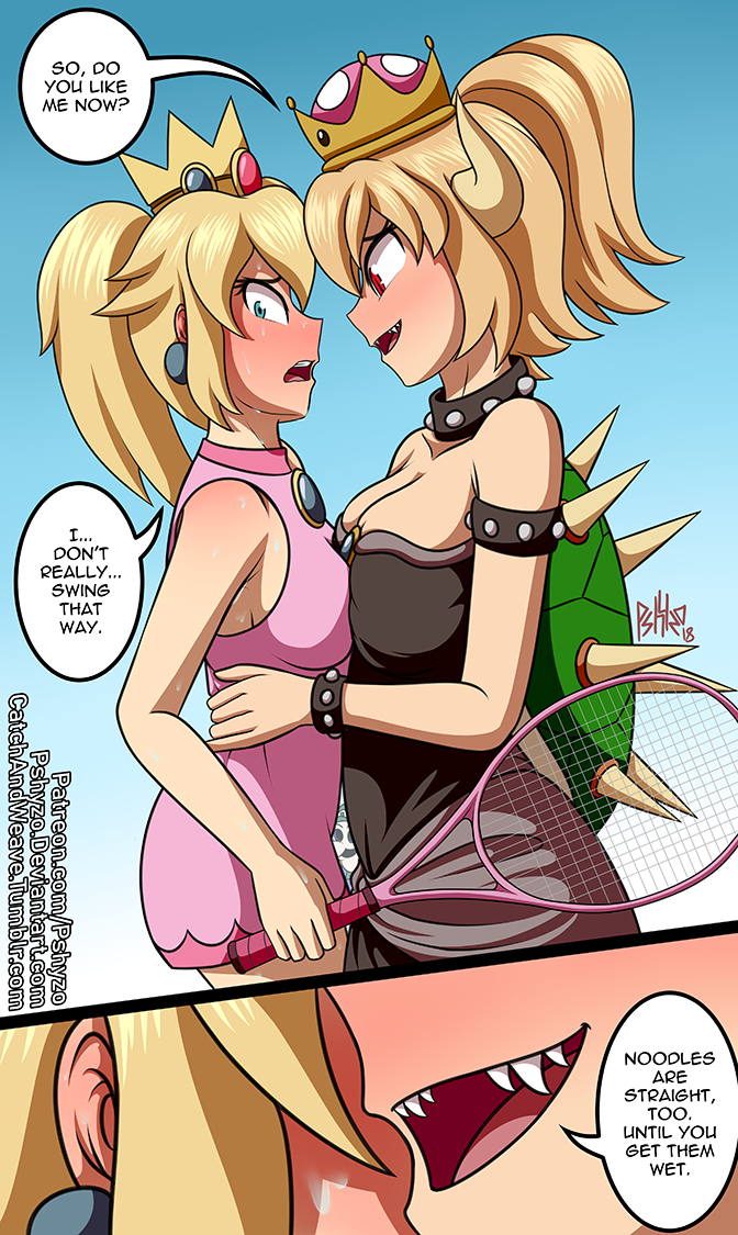 Comic of Bowsette pressing herself up against Peachette. Bowsette says 'So, do you like me now?' and Peachette, holding a tennis racket says, 'I don't really swing that way'. Close up of Bowsette's mouth whispering 'Noodles are straight too, until you get