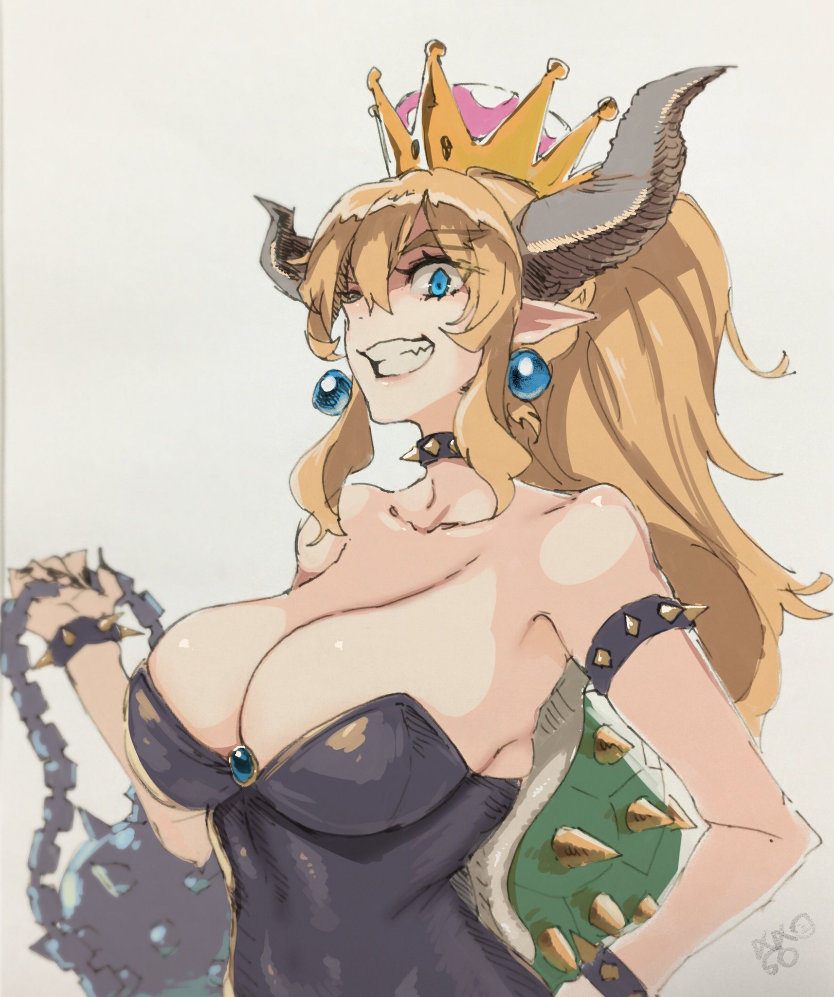 Drawing of Bowsette holding a mace with large breasts