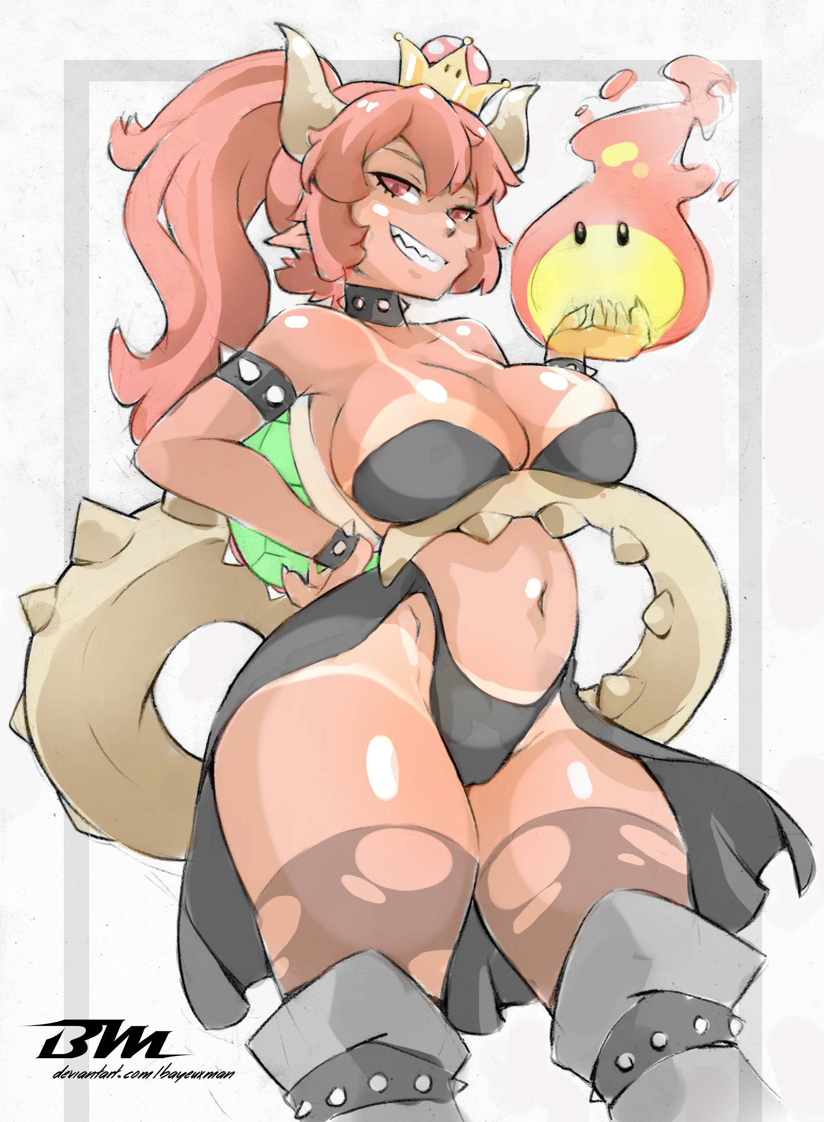 Bowsette fan art holding a ball of fire and wearing a very small bikini with huge tan lines