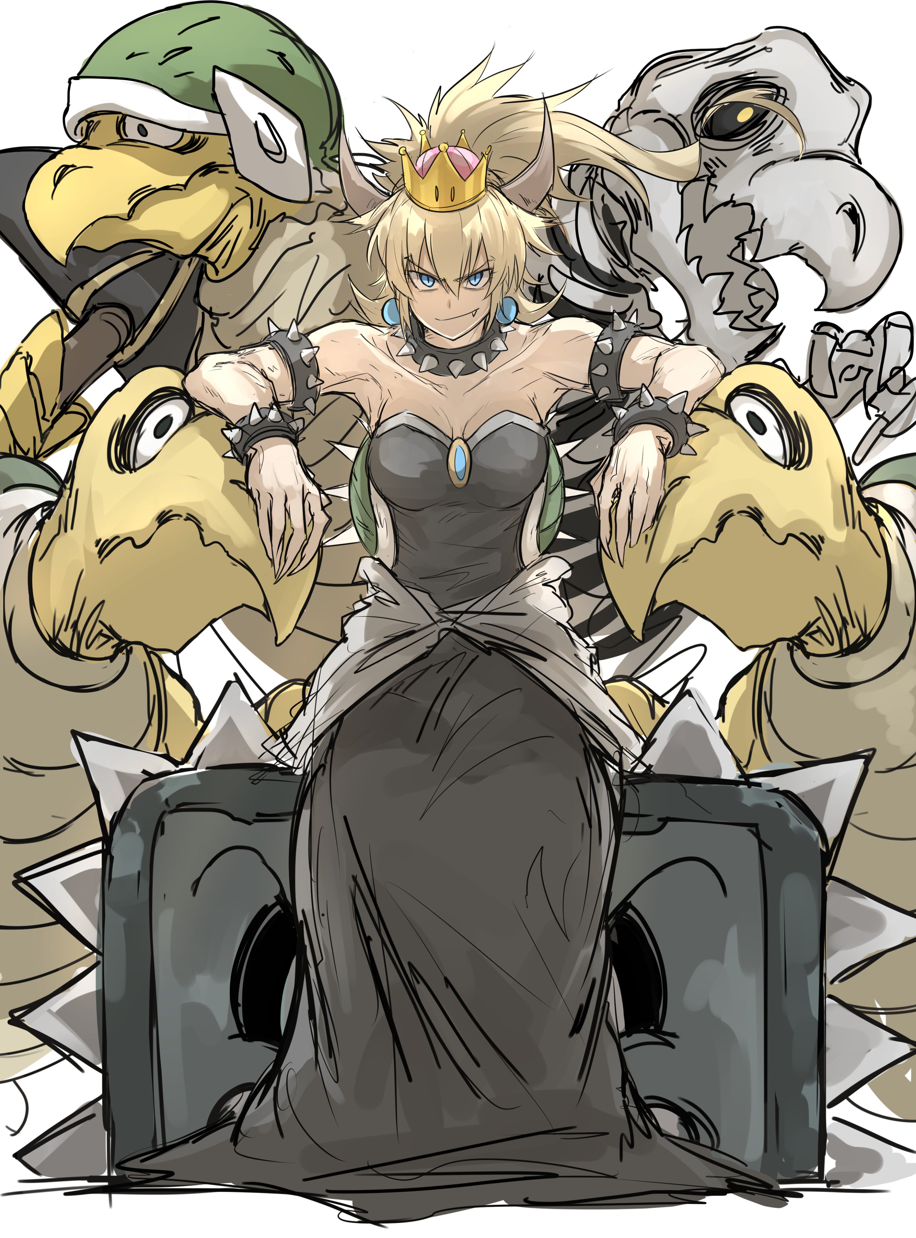 Bowsette looking mean resting her arms on some Koopa Troopas