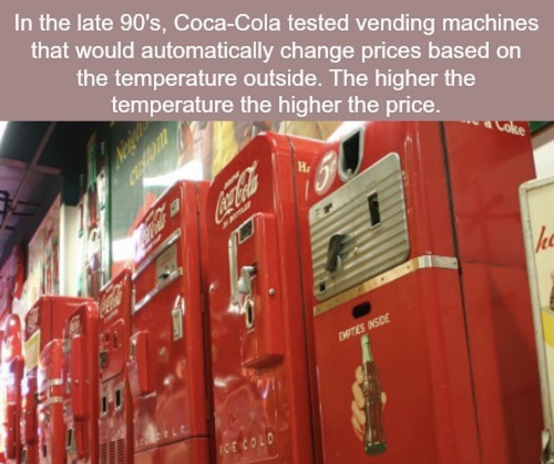 coca cola vending machine - In the late 90's, CocaCola tested vending machines that would automatically change prices based on the temperature outside. The higher the temperature the higher the price. Core Wotes Nsde