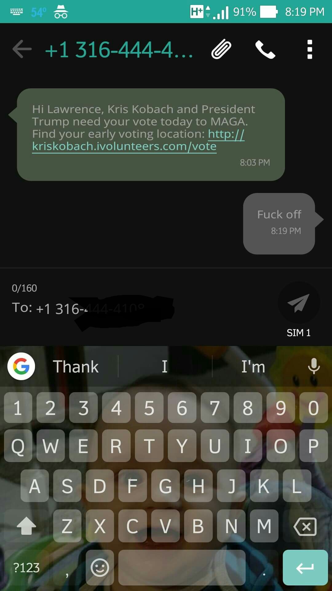 Got an auto generated text message yesterday from Trump