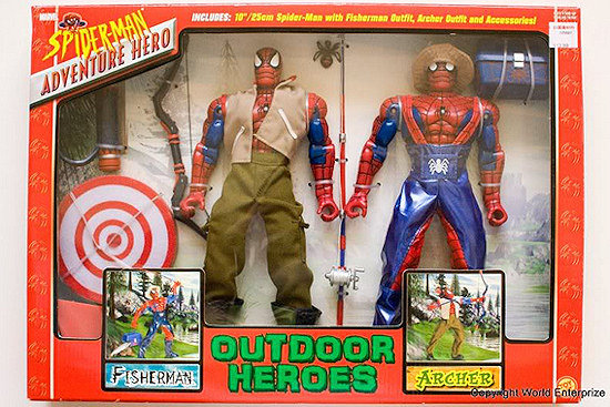 spider man knock off toys - we Includes 1025em SpiderMan with Fisherman Outfit, Archer Outfit and Accessories! PiderMan Adventure Hero Am Rrers Outdoor Fisherman Archer Copyright World Enterprize