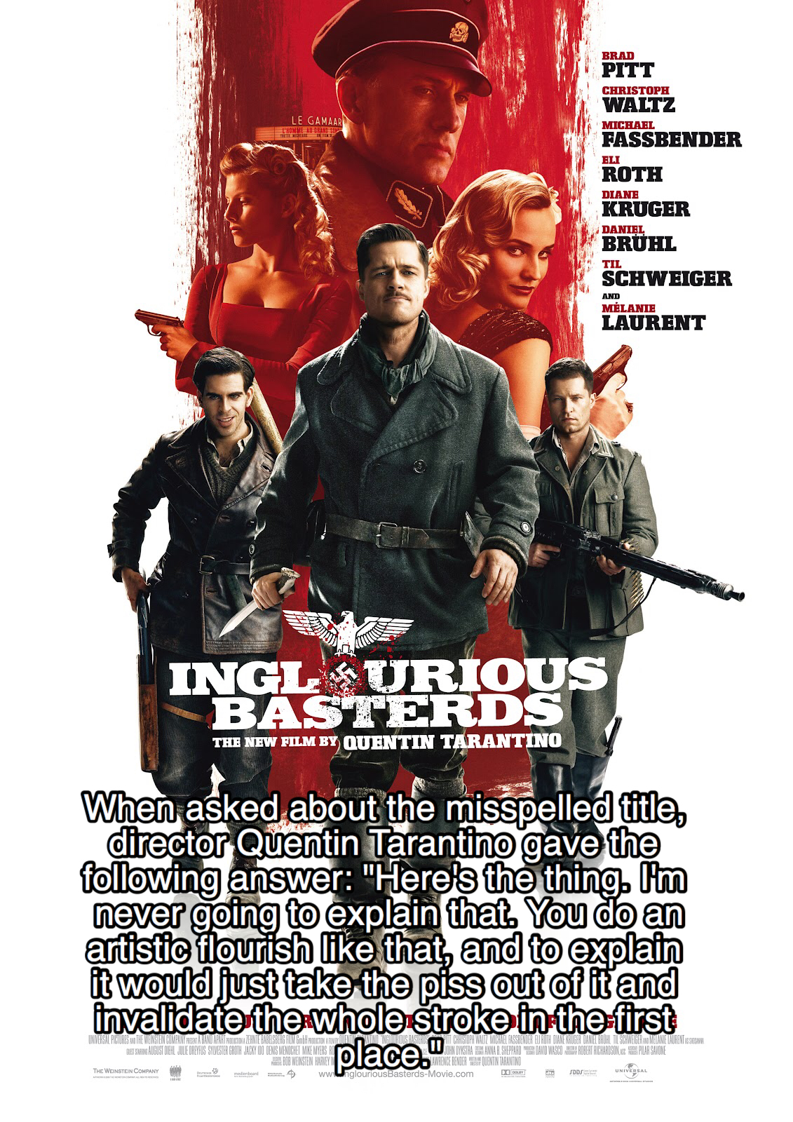 Waltz Fassbender Roth Kruger Bruhl Schweiger Laurent Inglurious Basterds The New Filmiy Quentin Tarantino When asked about the misspelled title, director Quentin Tarantino gave the ing answer "Here's the thing. I'm never going to explain that. You do an…