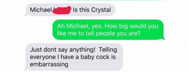 screen grab of man continuing to talk with complete stranger via SMS about his micro penis, thinking it is his ex-girlfriend.