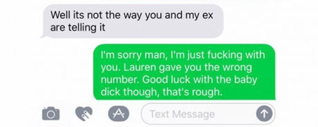 Screen grab of one guy telling another that he has the wrong number and that he is not his ex and feels bad about his micro penis issues