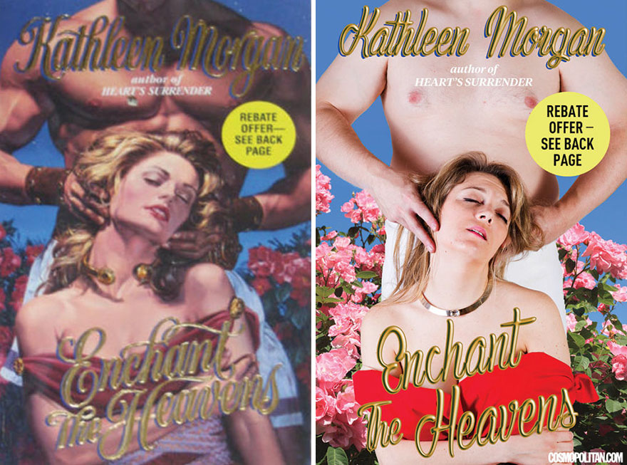 Couple remakes the romance novel cover by Kathleen Morgan's Enchant The Heavans with woman being caressed from behind by ample lover.