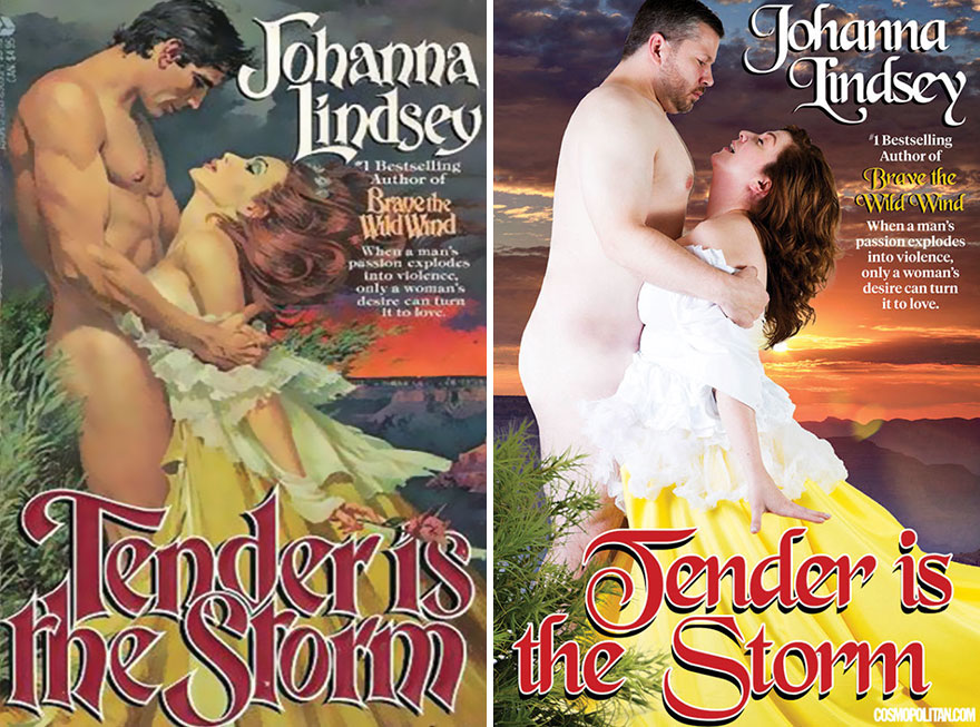 Normal average couple recreate romance novel cover of Tender Is The Storm by Johanna Lindsey.
