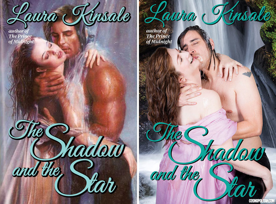 Couple crassly and hilariously recreates Laura Kinsale Book The Shadow of the Star of couple kissing in front of romantic waterfall.