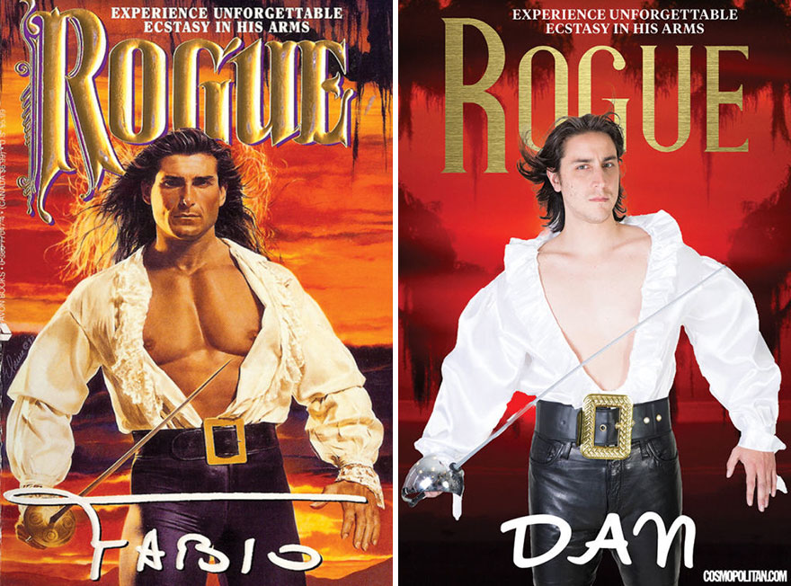 Man recreates cover to Rogue, a romance novel with Fabio on the cover.