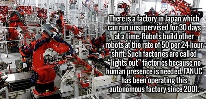 job machines - There is a factory in Japan which can run unsupervised for 30 days at a time. Robots build other robots at the rate of 50 per 24hour shift. Such factories are called Slights out" factories because no human presence is needed. Fanuc has been