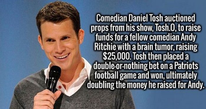 photo caption - Comedian Daniel Tosh auctioned props from his show, Tosh.0, to raise funds for a fellow comedian Andy Ritchie with a brain tumor, raising $25,000. Tosh then placed a doubleornothing bet on a Patriots football game and won, ultimately doubl