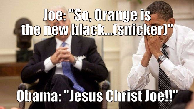 Joe Biden discreetly joking with Obama about Trump's orange hue...