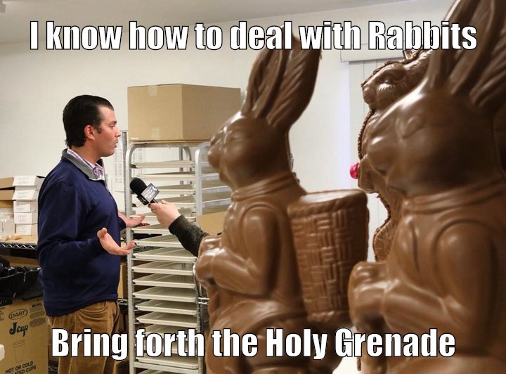 Then did he raise on high the Holy Hand Grenade of Antioch, saying, "Bless this, O Lord, that with it thou mayst blow thine enemies to tiny bits, in thy mercy." And the people did rejoice and did feast upon the lambs and toads and tree-sloths and fruit-bats and orangutans and breakfast cereals ...