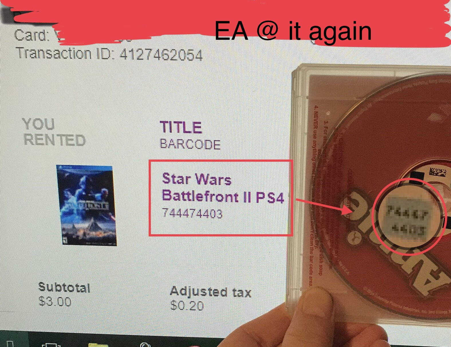 Son wanted to play Battlefront 2, but we did not want to pay 60 dollars, so we tried to Redbox it, this was the result. Annie WTF?