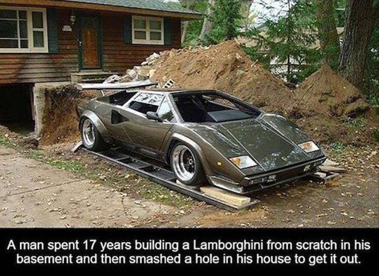 random picture of lamborghini made from scratch in a basement and then massive hole made in basement to get the car out